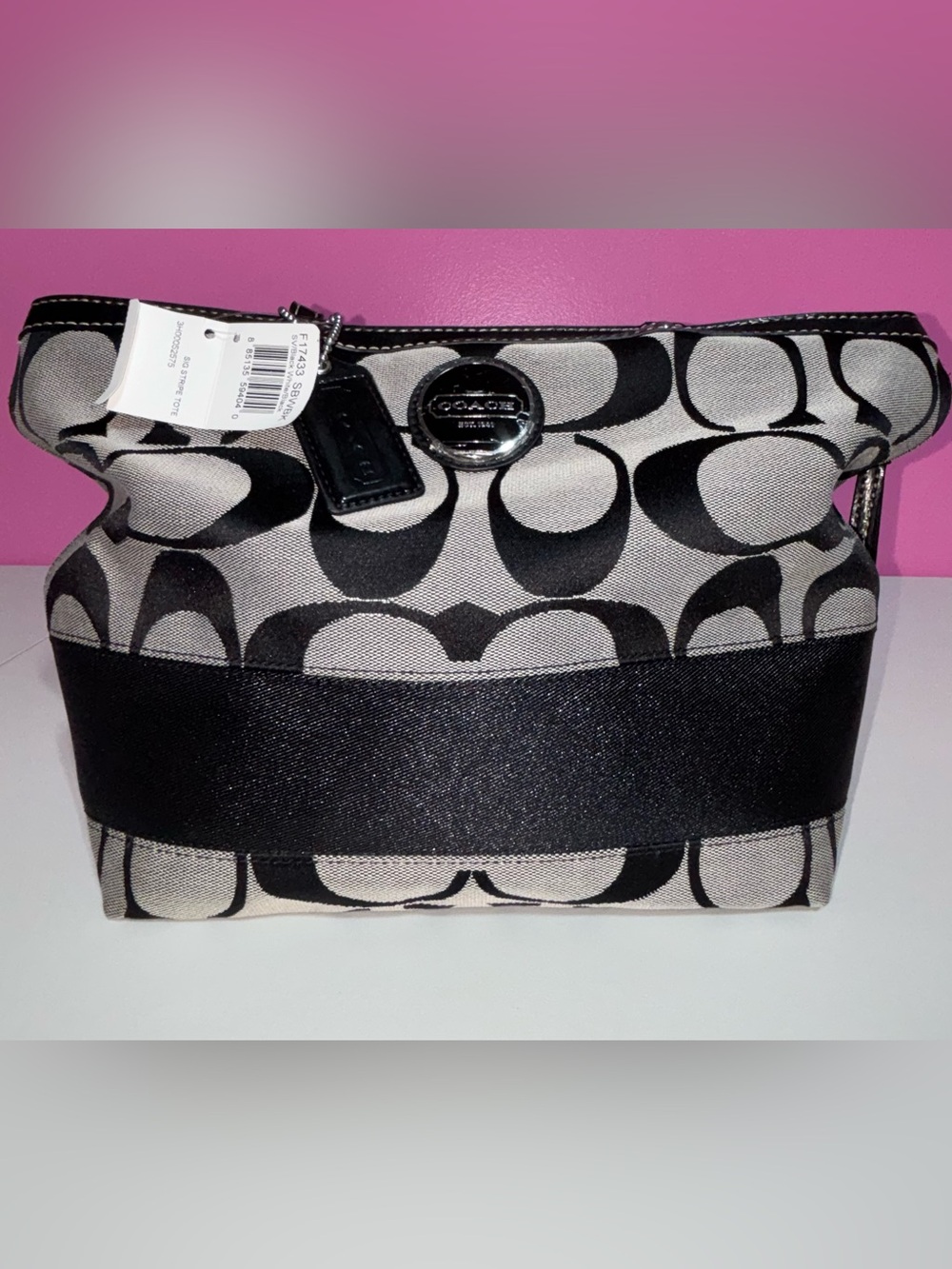 Coach Signature Stripe Tote Black White Canvas Shoulder Bag NWT MSRP $268